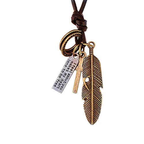 ODETOJOY Herren Lederhalskette braun mit Kreuz Ringen Anhänger und Schrift Tag Leder Halskette für Männer Pfeife Bullet Bull Wolf Head Einstellbare Kette Halsreif (Feder) von ODETOJOY