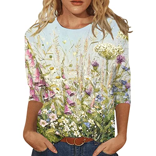 Damen 3/4 Arm Oberteile Tops Elegant Langarm Blumen Bluse Tshirt Lose Rundhals Damen T-Shirt Mode Damenblusen Bunte Blumenmuster Druck Tunika Shirt Sommershirts von ODJOY-FAN