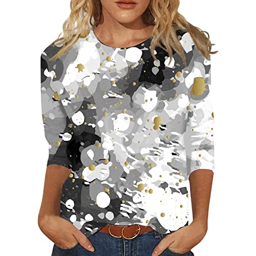 Damen 3/4 Arm Oberteile Tops Elegant Langarm Blumen Bluse Tshirt Lose Rundhals Damen T-Shirt Mode Damenblusen Bunte Blumenmuster Druck Tunika Shirt Sommershirts von ODJOY-FAN