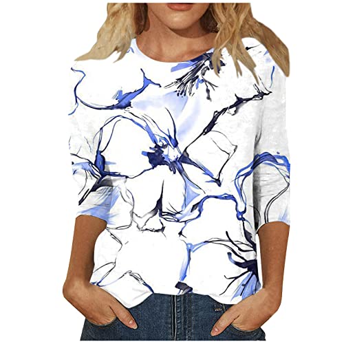 Damen 3/4 Arm Oberteile Tops Elegant Langarm Blumen Bluse Tshirt Lose Rundhals Damen T-Shirt Mode Damenblusen Bunte Blumenmuster Druck Tunika Shirt Sommershirts von ODJOY-FAN