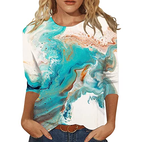 Damen 3/4 Arm Oberteile Tops Elegant Langarm Blumen Bluse Tshirt Lose Rundhals Damen T-Shirt Mode Damenblusen Bunte Blumenmuster Druck Tunika Shirt Sommershirts von ODJOY-FAN