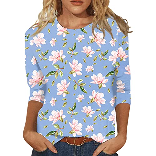 Damen 3/4 Arm Oberteile Tops Elegant Langarm Blumen Bluse Tshirt Lose Rundhals Damen T-Shirt Mode Damenblusen Bunte Blumenmuster Druck Tunika Shirt Sommershirts von ODJOY-FAN