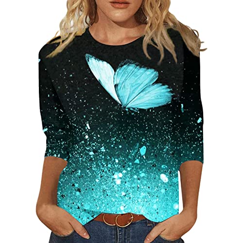 Damen 3/4 Arm Oberteile Tops Elegant Langarm Blumen Bluse Tshirt Lose Rundhals Damen T-Shirt Mode Damenblusen Bunte Blumenmuster Druck Tunika Shirt Sommershirts von ODJOY-FAN