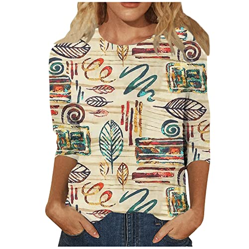 Damen 3/4 Arm Oberteile Tops Elegant Langarm Blumen Bluse Tshirt Lose Rundhals Damen T-Shirt Mode Damenblusen Bunte Blumenmuster Druck Tunika Shirt Sommershirts von ODJOY-FAN