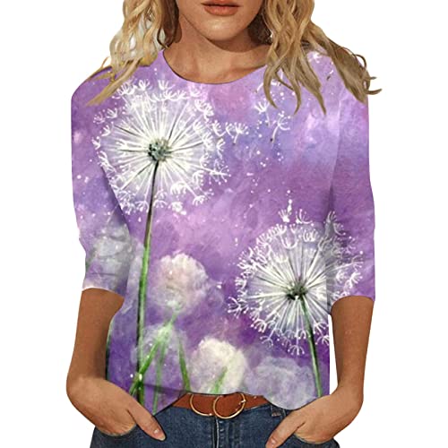 Damen 3/4 Arm Oberteile Tops Elegant Langarm Blumen Bluse Tshirt Lose Rundhals Damen T-Shirt Mode Damenblusen Bunte Blumenmuster Druck Tunika Shirt Sommershirts von ODJOY-FAN