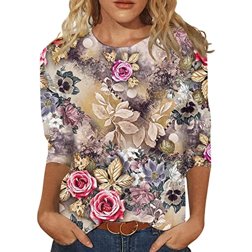 Damen 3/4 Arm Oberteile Tops Elegant Langarm Blumen Bluse Tshirt Lose Rundhals Damen T-Shirt Mode Damenblusen Bunte Blumenmuster Druck Tunika Shirt Sommershirts von ODJOY-FAN