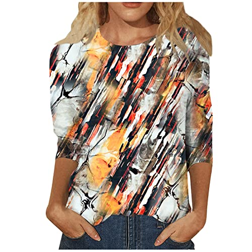 Damen 3/4 Arm Oberteile Tops Elegant Langarm Blumen Bluse Tshirt Lose Rundhals Damen T-Shirt Mode Damenblusen Bunte Blumenmuster Druck Tunika Shirt Sommershirts von ODJOY-FAN