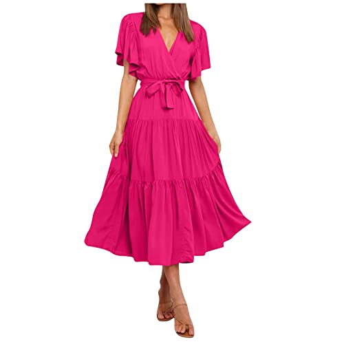 Damen Kleider Knielang cocktailkleid elegant v Ausschnitt Abendkleider Partykleid Vintage Retro Rockabilly Kleid Spitzenkleid A-Linie Satin Spaghetti Party Prom Dress (Hot Pink, M) von ODJOY-FAN