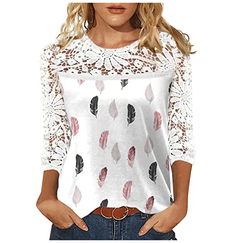 Damen Langarm Blumen Bluse Tshirt Elegant Bunte Blumenmuster 3/4 Arm Oberteile Tops Druck Tunika Shirt Casual Bluse T-Shirt Mode Damenblusen Lose Rundhals Sommershirts von ODJOY-FAN