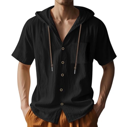 Leinenhemd Herren Baumwolle Leinen Hoodie Mit Kapuze Sommer Langarm Dünn Einfarbig Shirt Männer Modische Sommerhemd Lässig Freizeithemden Oversize Kapuzenhemd Oberteile Knopfleiste Langarm Hemd von ODJOY-FAN