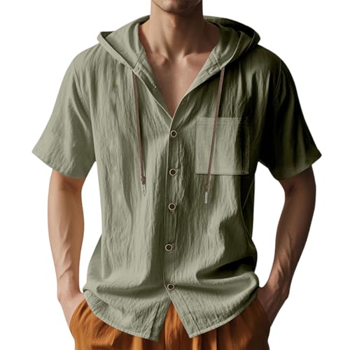 Leinenhemd Herren Baumwolle Leinen Hoodie Mit Kapuze Sommer Langarm Dünn Einfarbig Shirt Männer Modische Sommerhemd Lässig Freizeithemden Oversize Kapuzenhemd Oberteile Knopfleiste Langarm Hemd von ODJOY-FAN