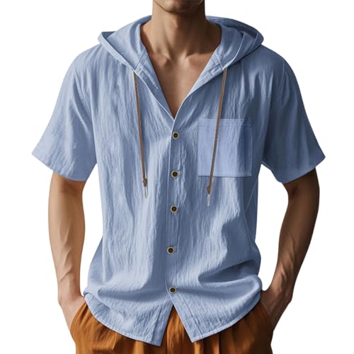 Leinenhemd Herren Baumwolle Leinen Hoodie Mit Kapuze Sommer Langarm Dünn Einfarbig Shirt Männer Modische Sommerhemd Lässig Freizeithemden Oversize Kapuzenhemd Oberteile Knopfleiste Langarm Hemd von ODJOY-FAN