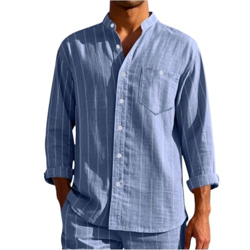 Leinenhemd Herren Sommerhemd Hemd Langarm Leinen Shirt Baumwolle Freizeithemd Button Down Fließend Atmungsaktiv Regular​ Henley Button-Down Freizeithemd Regular Fit Sommerhemd von ODJOY-FAN