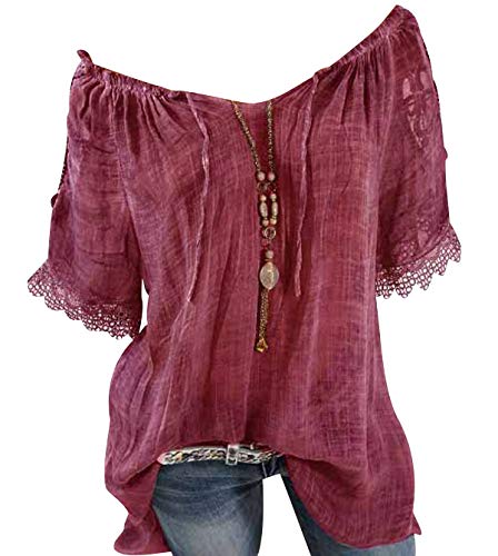 Bluse Damen V Ausschnitt Kurzarm Blusen Tunika Sommerblusen Blusenshirt Damenblusen Hemdbluse Leinenbluse Oversize Frauen Lockere Sommer Tops Oberteile Damen Weite T Shirts Damenoberteil Rot XL von ODOKEI