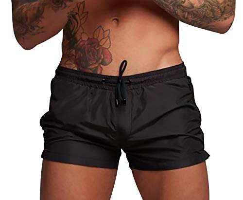 Boardshorts Herren Badehose Herren Badeshorts Herren Kurz Schwimmhose Männer Badehosen Mann Bademode Kurze Badeshort Surf Boxer Badehose mit Reissverschlusstasche Sport Schnelltrocknend Schwarz L von ODOKEI