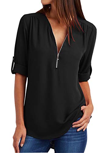 Damen Blusen Chiffon Langarm Tunika mit Reißverschluss Vorne V-Ausschnitt Oberteile T-Shirt Schwarz 2XL von ODOKEI