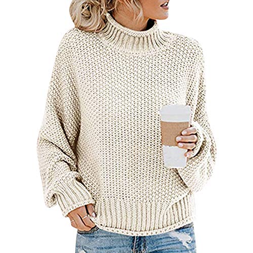 Grobstrick Knitted Turtleneck Pullover Damen Strick Strickpullover Damen Oversize Winterpullover Strickpulli Pulli Damen Übergröße Pullis Frauen Dicker Zopfstrick Pullovers Damen Lockerer Aprikose M von ODOKEI