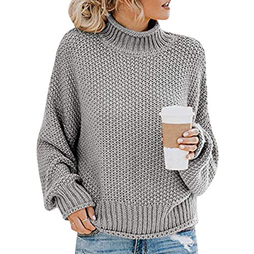 Grobstrick Knitted Turtleneck Pullover Damen Strick Strickpullover Damen Oversize Winterpullover Strickpulli Pulli Damen Übergröße Pullis Frauen Dicker Zopfstrick Pullovers Damen Lockerer Grau XL von ODOKEI