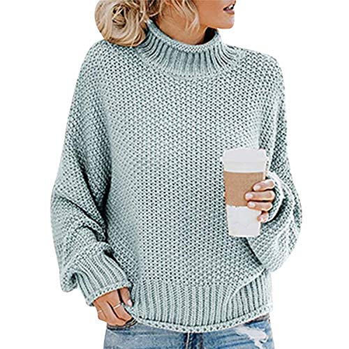 Grobstrick Knitted Turtleneck Pullover Damen Strick Strickpullover Damen Oversize Winterpullover Strickpulli Pulli Damen Übergröße Pullis Frauen Weite Dicker Zopfstrick Pullovers Damen Lockerer Blau M von ODOKEI