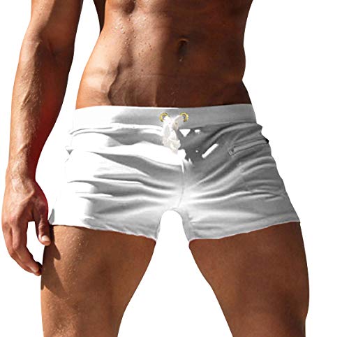 ODOKEI Badehose Herren Badeshorts Männer Kurz Enge Schwimmhose Knappe Schwimmshorts Schnelltrocknend Bademode Kurze Badehosen Badepants Swim Shorts Herren Strand Shorts Strandhose Boardshorts Weiß M von ODOKEI