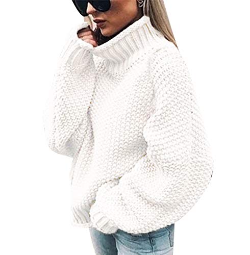 ODOKEI Turtleneck Knitted Pullover Damen Strick Grobstrick Strickpullover Damen Oversize Strickpulli Pulli Damen Übergröße Pullis Frauen Weite Dicker Zopfstrick Pullovers Damen Winterpullover Weiß S von ODOKEI