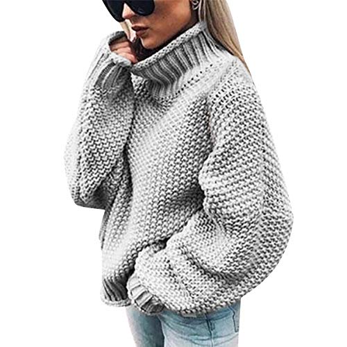 ODOKEI Turtleneck Knitted Pullover Damen Strick Grobstrick Strickpullover Damen Oversize Strickpulli Pulli Damen Übergröße Pullis Frauen Weite Dicker Zopfstrick Pullovers Damen Winterpullover Grau XL von ODOKEI