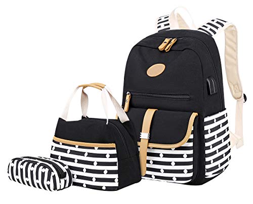 Schulrucksack Set Mädchen Teenager Rucksäcke Schule Oberstufe Jungen Schulrucksäcke Laptop Jugendliche Weiterführende Schule Rucksack Damen Großer Schultaschen Lässig Schulrucksackset Mäppchen Schwarz von ODOKEI