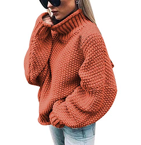 Turtleneck Knitted Pullover Damen Strick Grobstrick Strickpullover Damen Oversize Strickpulli Pulli Damen Übergröße Pullis Frauen Weite Dicker Zopfstrick Pullovers Damen Winterpullover Orange M von ODOKEI