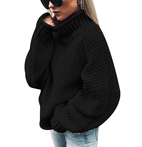 Turtleneck Knitted Pullover Damen Strick Grobstrick Strickpullover Damen Oversize Strickpulli Pulli Damen Übergröße Pullis Frauen Weite Dicker Zopfstrick Pullovers Damen Winterpullover Schwarz 2XL von ODOKEI