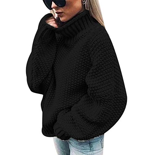 Turtleneck Knitted Pullover Damen Strick Grobstrick Strickpullover Damen Oversize Strickpulli Pulli Damen Übergröße Pullis Frauen Weite Dicker Zopfstrick Pullovers Damen Winterpullover Schwarz XL von ODOKEI