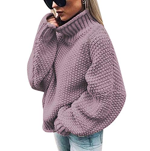 Turtleneck Knitted Pullover Damen Strick Grobstrick Strickpullover Damen Oversize Strickpulli Pulli Damen Übergröße Pullis Frauen Weite Dicker Zopfstrick Pullovers Damen Winterpullover Violett S von ODOKEI