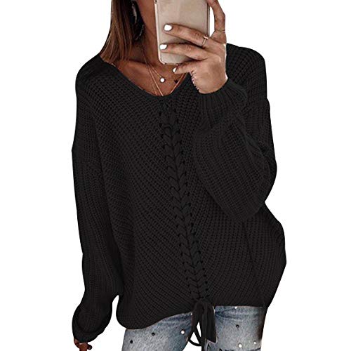 V Strickpullover Damen Oversize Langer V Neck Grobstrick Knitted Pullover Damen Strick Longpullover Damen Winterpullover Strickpulli Pulli Übergröße Pullis Frauen Zopfstrick Pullovers Damen Schwarz von ODOKEI