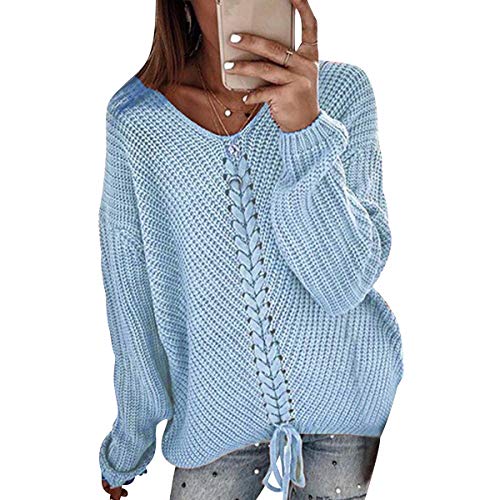 V Strickpullover Damen Oversize Langer V Neck Grobstrick Knitted Pullover Damen Strick Longpullover Damen Winterpullover Strickpulli Pulli Übergröße Pullis Frauen Zopfstrick Pullovers Damen Blau XL von ODOKEI
