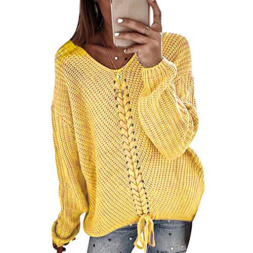 V Strickpullover Damen Oversize Langer V Neck Grobstrick Knitted Pullover Damen Strick Longpullover Damen Winterpullover Strickpulli Pulli Übergröße Pullis Frauen Zopfstrick Pullovers Damen Gelb XL von ODOKEI