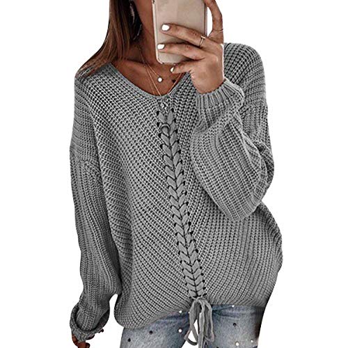 V Strickpullover Damen Oversize Langer V Neck Grobstrick Knitted Pullover Damen Strick Longpullover Damen Winterpullover Strickpulli Pulli Übergröße Pullis Frauen Zopfstrick Pullovers Damen Grau L von ODOKEI