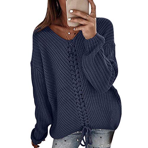 V Strickpullover Damen Oversize Langer V Neck Grobstrick Knitted Pullover Damen Strick Longpullover Damen Winterpullover Strickpulli Pulli Übergröße Pullis Frauen Zopfstrick Pullovers Damen Marine XL von ODOKEI