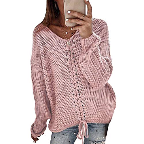 V Strickpullover Damen Oversize Langer V Neck Grobstrick Knitted Pullover Damen Strick Longpullover Damen Winterpullover Strickpulli Pulli Übergröße Pullis Frauen Zopfstrick Pullovers Damen Rosa L von ODOKEI