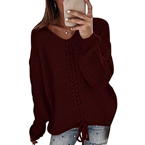 V Strickpullover Damen Oversize Langer V Neck Grobstrick Knitted Pullover Damen Strick Longpullover Damen Winterpullover Strickpulli Pulli Übergröße Pullis Frauen Zopfstrick Pullovers Damen Rot S von ODOKEI