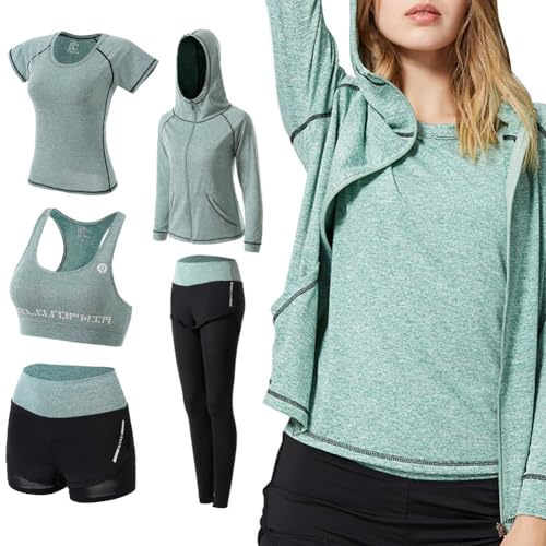ODWTMRK Jogginganzug Damen Sport Set Sportbekleidung 5er-Set Trainingsanzug Yoga Kleidung Anzug Laufbekleidung Gym Fitness Set Kleidung(Grün-B,XL) von ODWTMRK