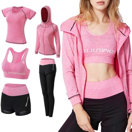 ODWTMRK Jogginganzug Damen Sport Set Sportbekleidung 5er-Set Trainingsanzug Yoga Kleidung Anzug Laufbekleidung Gym Fitness Set Kleidung(Rosa-B,S) von ODWTMRK