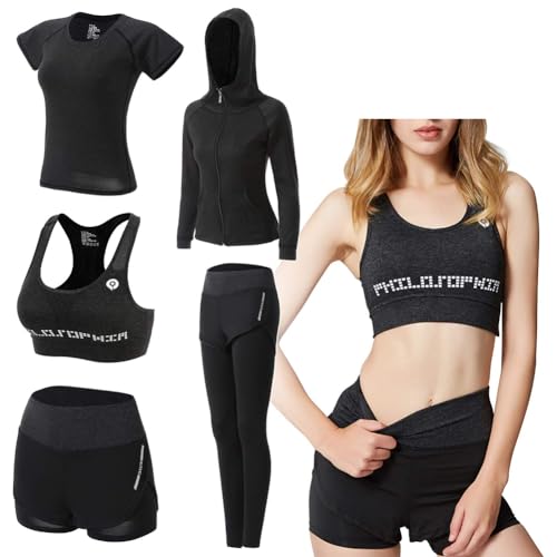 ODWTMRK Jogginganzug Damen Sport Set Sportbekleidung 5er-Set Trainingsanzug Yoga Kleidung Anzug Laufbekleidung Gym Fitness Set Kleidung(Schwarz-B,L) von ODWTMRK