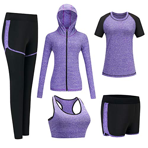 ODWTMRK Jogginganzug Damen Trainingsanzug Sets Yoga Kleidung Anzug 5er-Set Sportbekleidung Laufbekleidung Gym Fitness Workout Kleidung Sportswear (A-Lila, M) von ODWTMRK