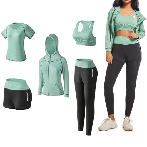 ODWTMRK Jogginganzug Damen Trainingsanzug Sets Yoga Kleidung Anzug 5er-Set Sportbekleidung Laufbekleidung Gym Fitness Workout Kleidung Sportswear (B-Grün, M) von ODWTMRK