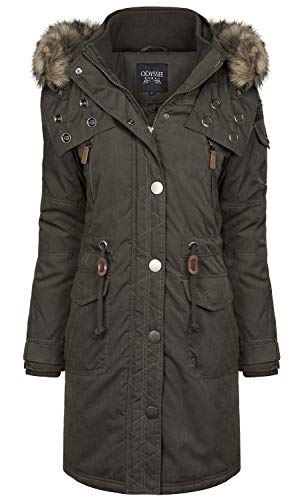 ODYSSEE Damen Winter Mantel Jacke mit Abnehmbarer Kapuze, Größe:L, Farbe:Khaki von ODYSSEE