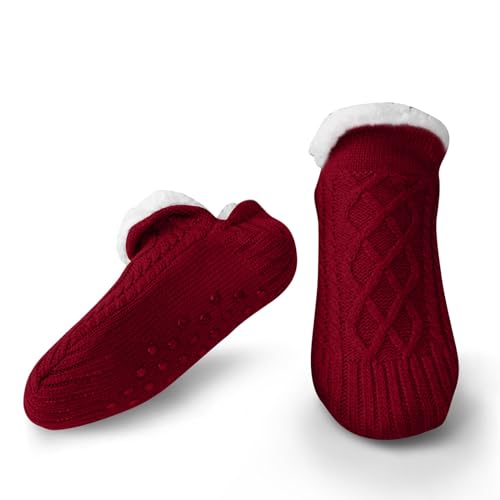 OEAK Bodensocken Damen Stoppersocken warme Hüttensocken kuschelsocken mit noppen Thermosocken Sockenschuhe Wintersocken flauschig Stricksocken rutschfest,Weinrot,S (35-39 EU) von OEAK