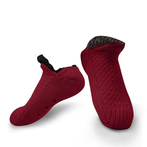 OEAK Bodensocken Damen Stoppersocken warme Hüttensocken kuschelsocken mit noppen Thermosocken Sockenschuhe Wintersocken flauschig Stricksocken rutschfest,Weinrot,L (43-45 EU) von OEAK