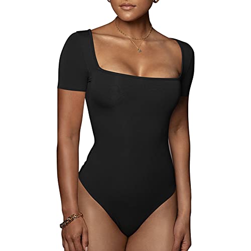 OEAK Body Damen Kurzarm Damenbody Elegant Bodysuit Tops Sexy Schmal Overall Stringbody Unterziehbody für Frauen,Schwarz eckiger Ausschnitt,M von OEAK