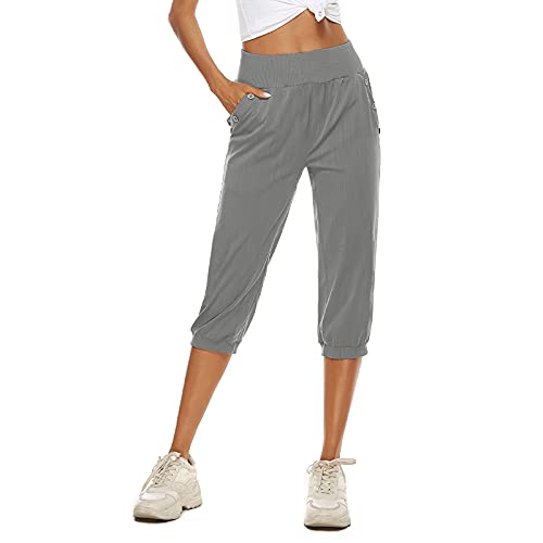 OEAK Damen 3/4 Länge Haramshosen Leicht Pumphose Baumwolle Leinen Capris Sommerhose Elastische Taille Freizeithosen Baggy Jogginghose,Dunkelgrau,L von OEAK