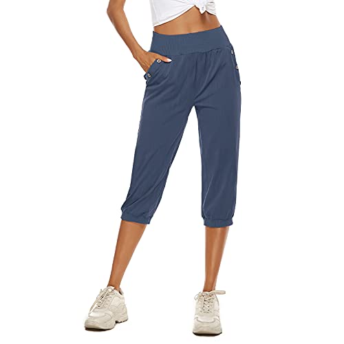 OEAK Damen 3/4 Länge Haramshosen Leicht Pumphose Baumwolle Leinen Capris Sommerhose Elastische Taille Freizeithosen Baggy Jogginghose,Hellblau,M von OEAK