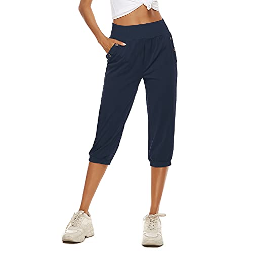 OEAK Damen 3/4 Länge Haramshosen Leicht Pumphose Baumwolle Leinen Capris Sommerhose Elastische Taille Freizeithosen Baggy Jogginghose,Marine,XL von OEAK